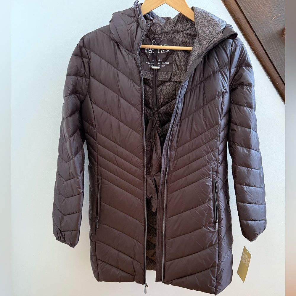 Brand new with tags Michael Kors chocolate packable puffer coat